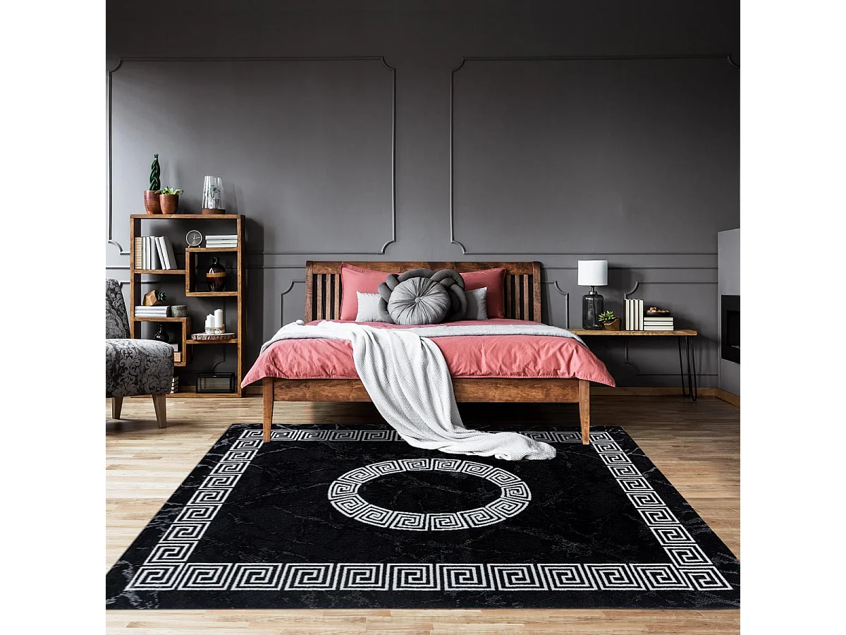 tapis salon 200x290 tissé noir et blanc rectangle motif baroque SAPURI