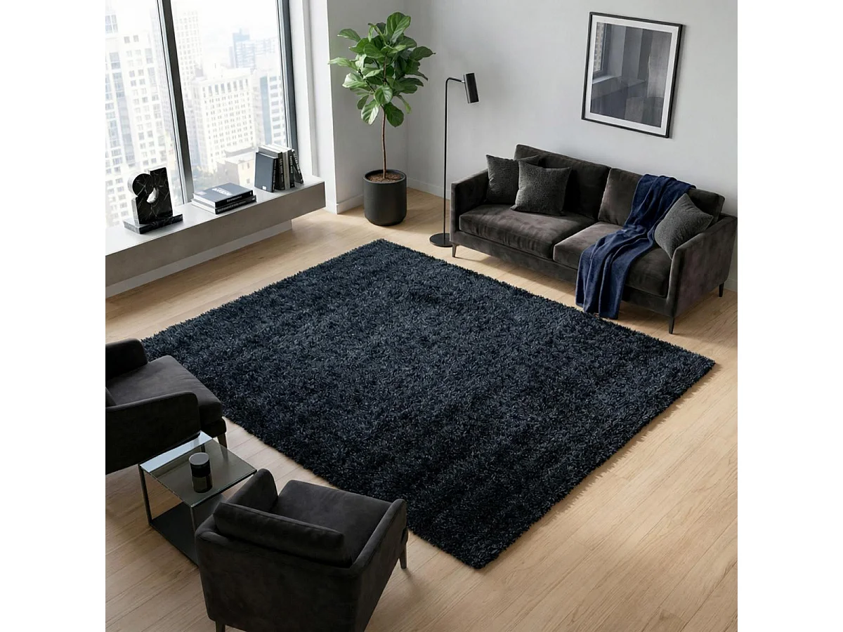Alfombra Shaggy de pelo largo 160x230 rectangular tejida negra con motivos lisos UNI A