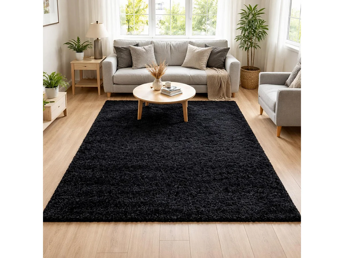 Alfombra Shaggy de pelo largo 160x230 rectangular tejida negra con motivos lisos UNI A