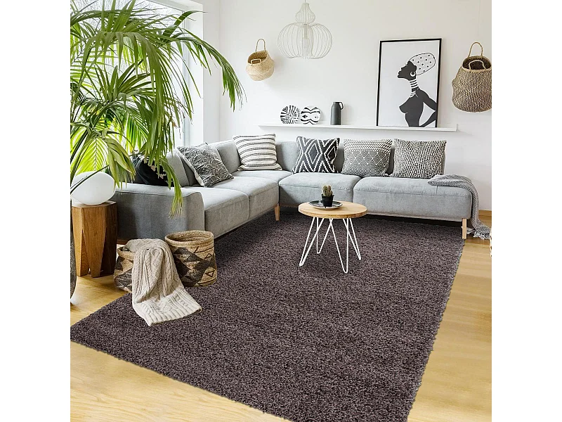 Tapis poils longs shaggy 140x200 rectangle tissé taupe motif uni UNI L