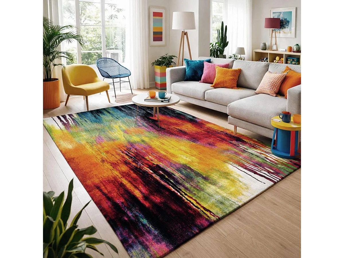 tapis chambre 100x100 tissé multicolore carré motif géométrique LYN8 BELO 1