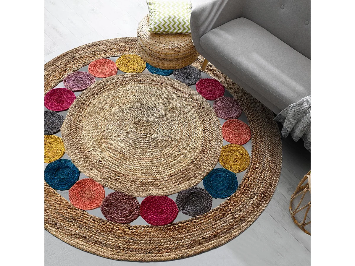 Tapis rond Ø150cm fait à la main en jute motif géométrique pour chambre RONDA
