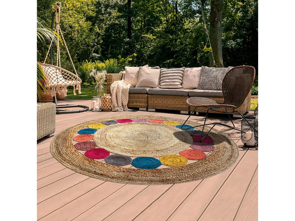 Tapis rond Ø150cm fait à la main en jute motif géométrique pour chambre RONDA