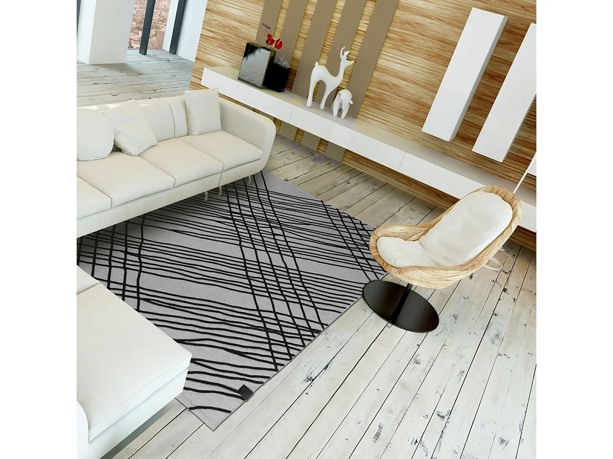 tapis salon 160x230 tissé en coton gris et noir rectangle motif géométrique TUBE