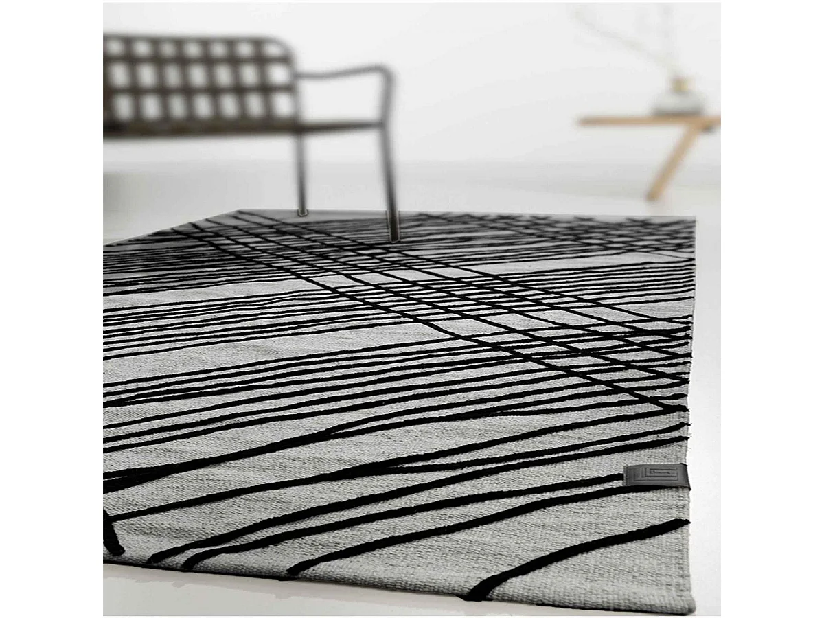 tapis salon 160x230 tissé en coton gris et noir rectangle motif géométrique TUBE