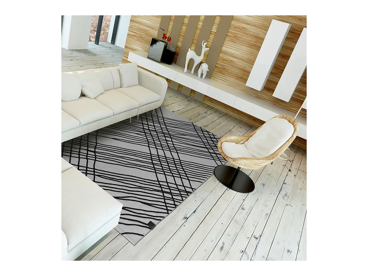 tapis salon 160x230 tissé en coton gris et noir rectangle motif géométrique TUBE