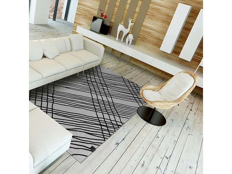 tapis salon 160x230 tissé en coton gris et noir rectangle motif géométrique TUBE