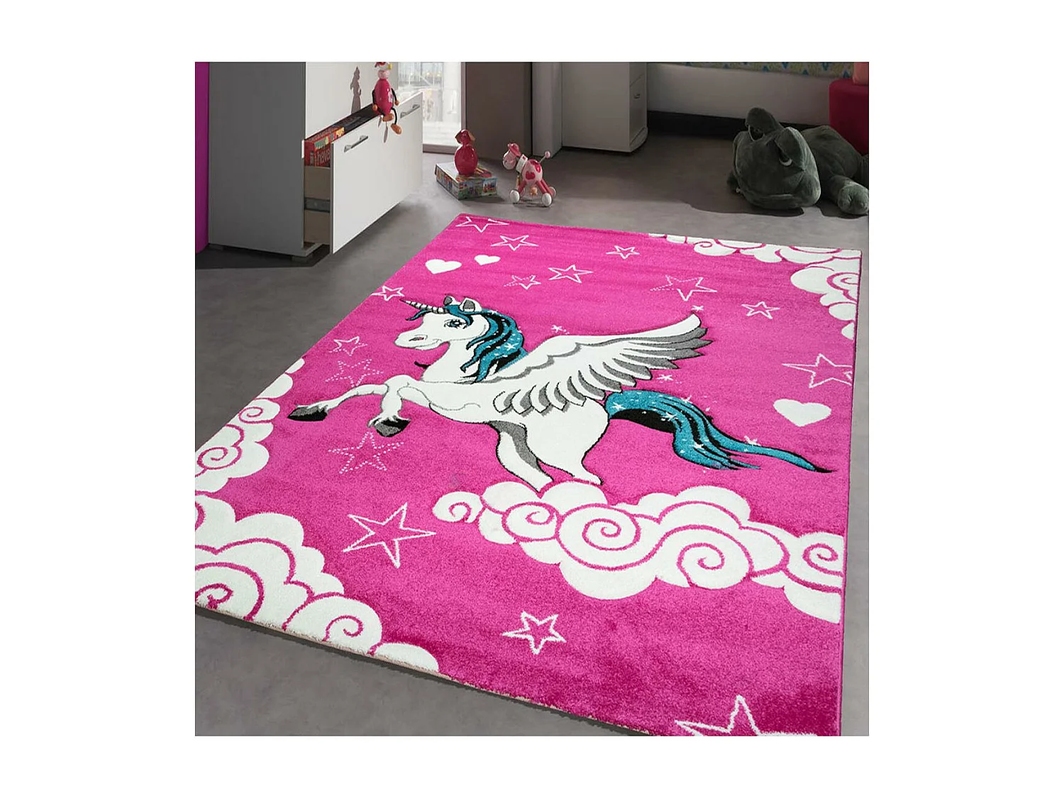 tapis chambre 160x230 tissé fuchsia rectangle motif enfant LICORNE