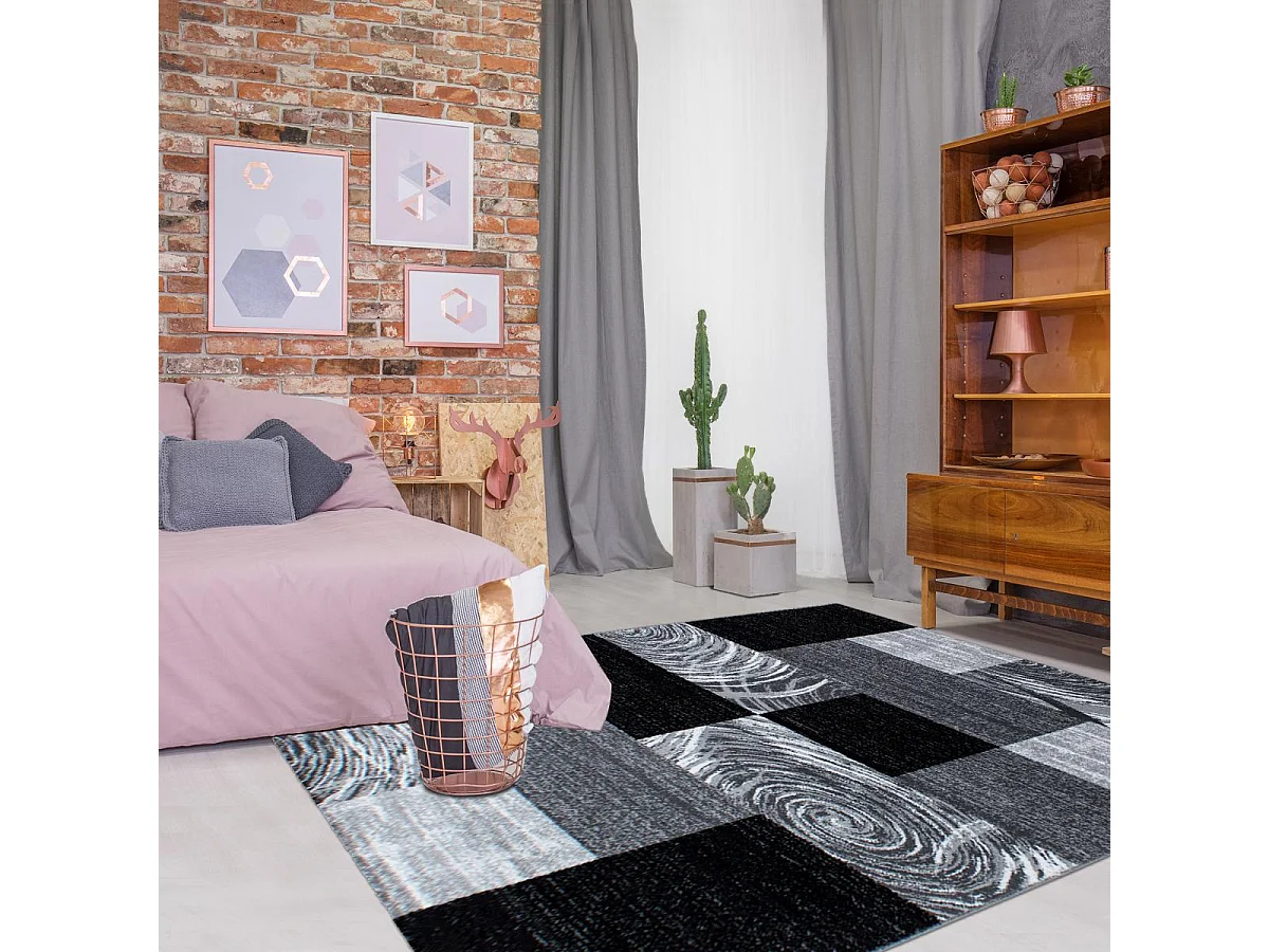 tapis cuisine 120x170 tissé noir et gris rectangle motif géométrique PLONI