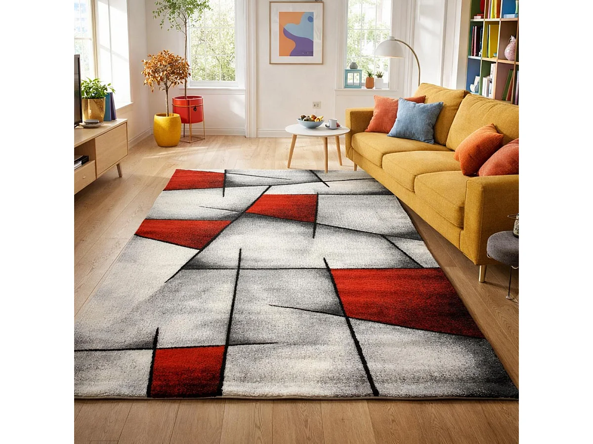 tapis salon 140x200 tissé rouge rectangle motif géométrique LYN8 ULTIMA