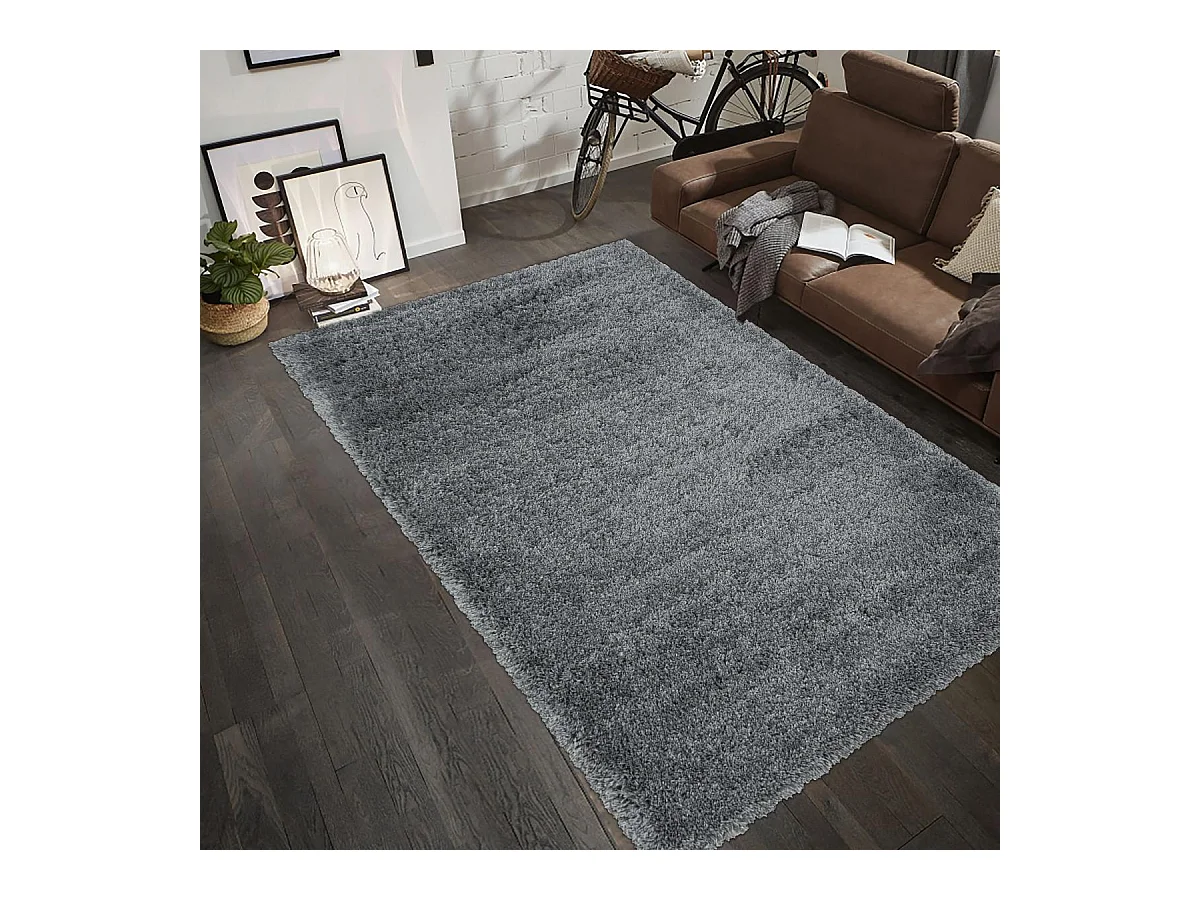 Tapis longs poils shaggy Ø120cm rond tissé gris motif uni UNI B