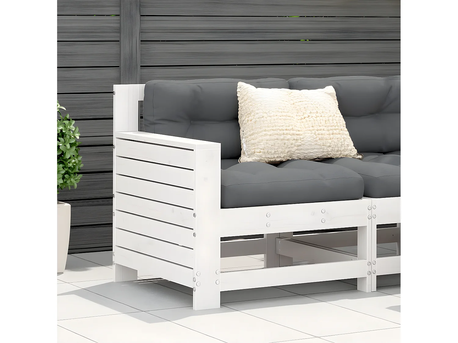 Sofá de jardín con reposabrazos y cojín blanco de madera maciza de pino