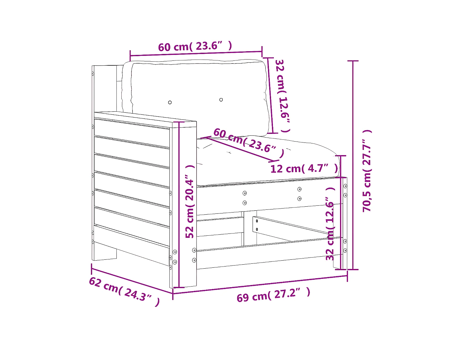 Armlehnen-Gartensofa mit Kissen aus massivem Kiefernholz
