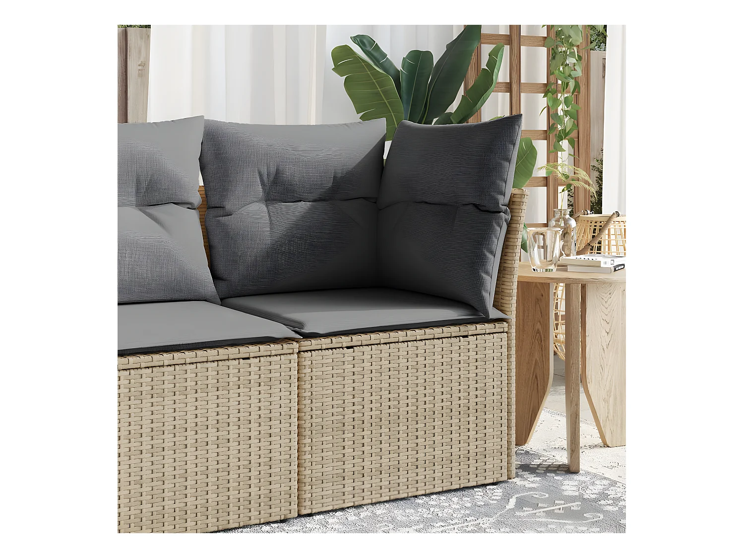 Canapé de jardin sans accoudoirs coussins beige résine tressée