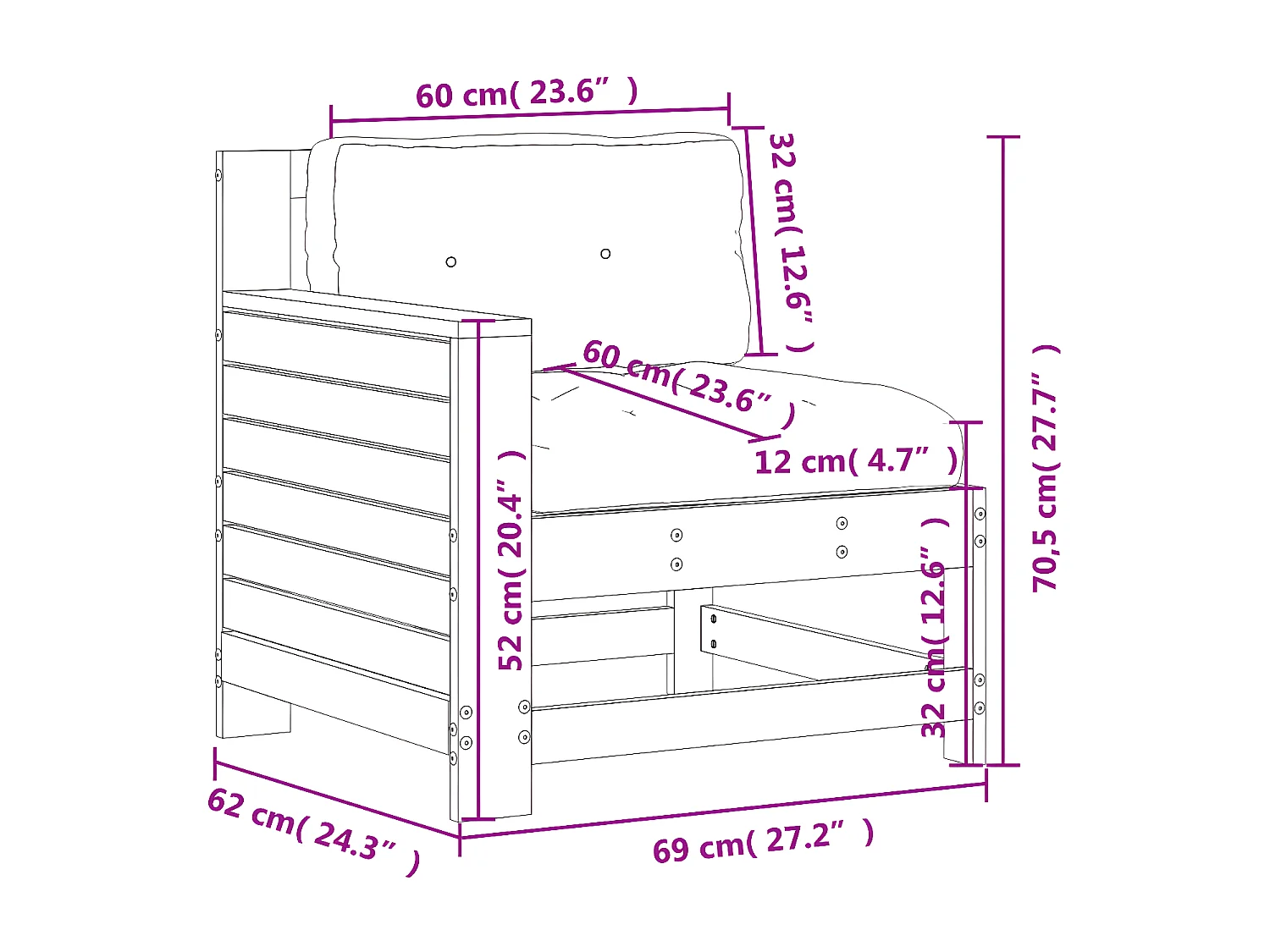 Canapé de jardin accoudoir avec coussin bois de pin imprégné