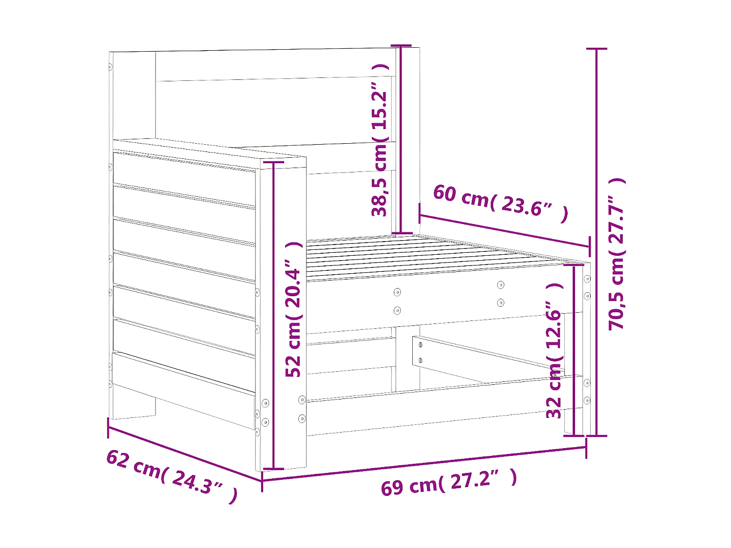 Sofá de jardín reposabrazos blanco 69x62x70,5 cm madera maciza de pino