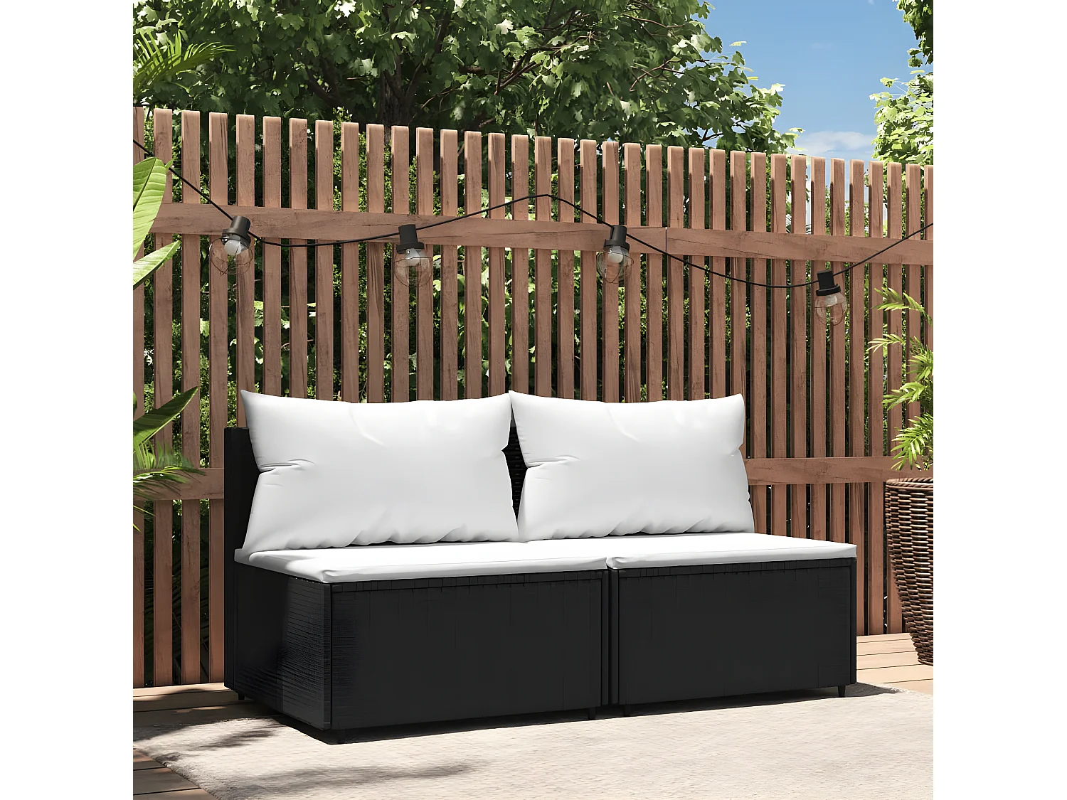 Sofás e almofadas centrais de jardim 2 unidades de vime de resina preta