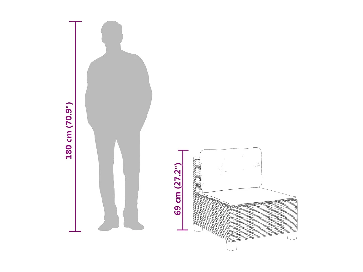 Divano da giardino senza braccioli, cuscini in resina intrecciata grigia