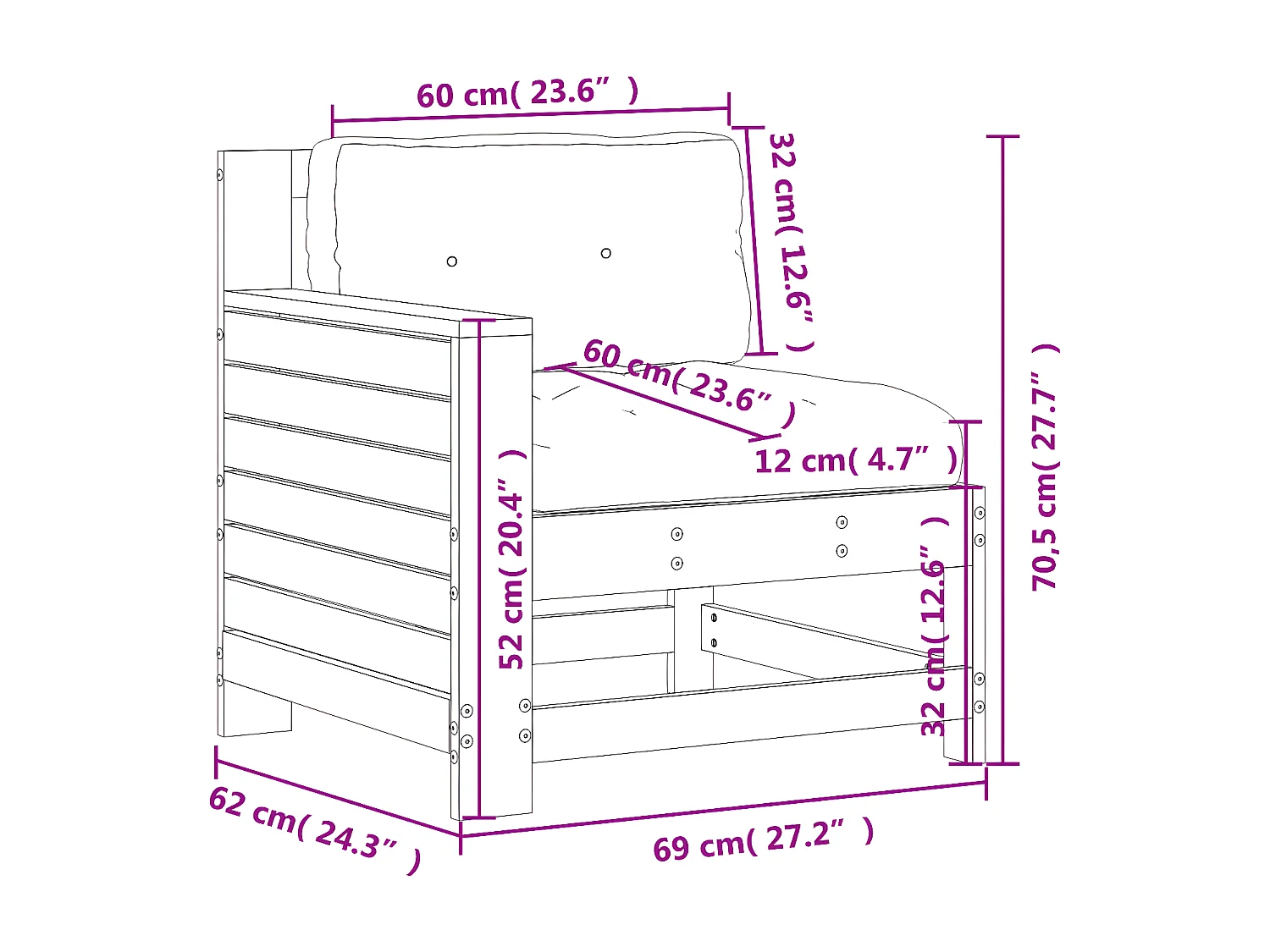 Canapé de jardin accoudoir avec coussin bois massif de pin