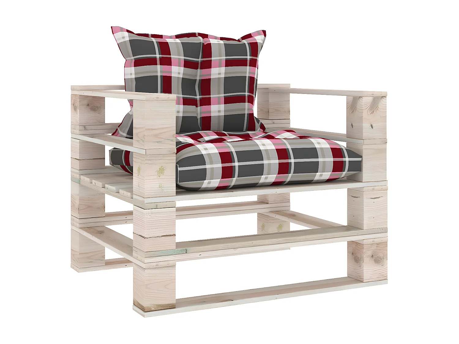 Canapé palette de jardin coussins motif à carreaux rouge pinède