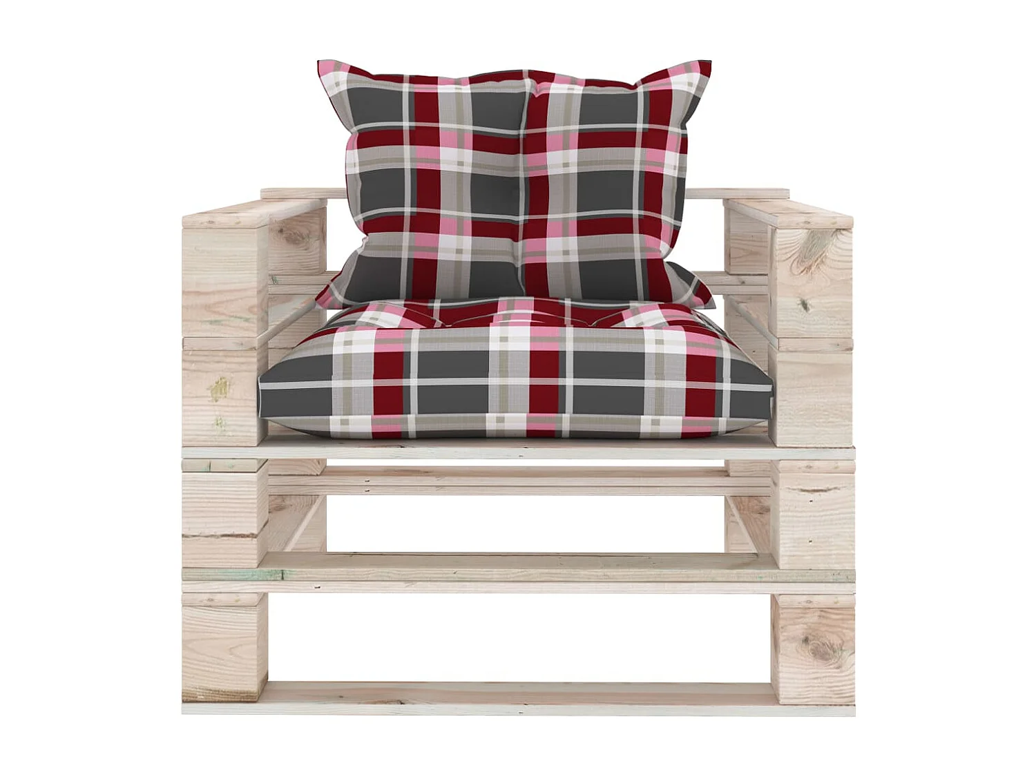 Canapé palette de jardin coussins motif à carreaux rouge pinède