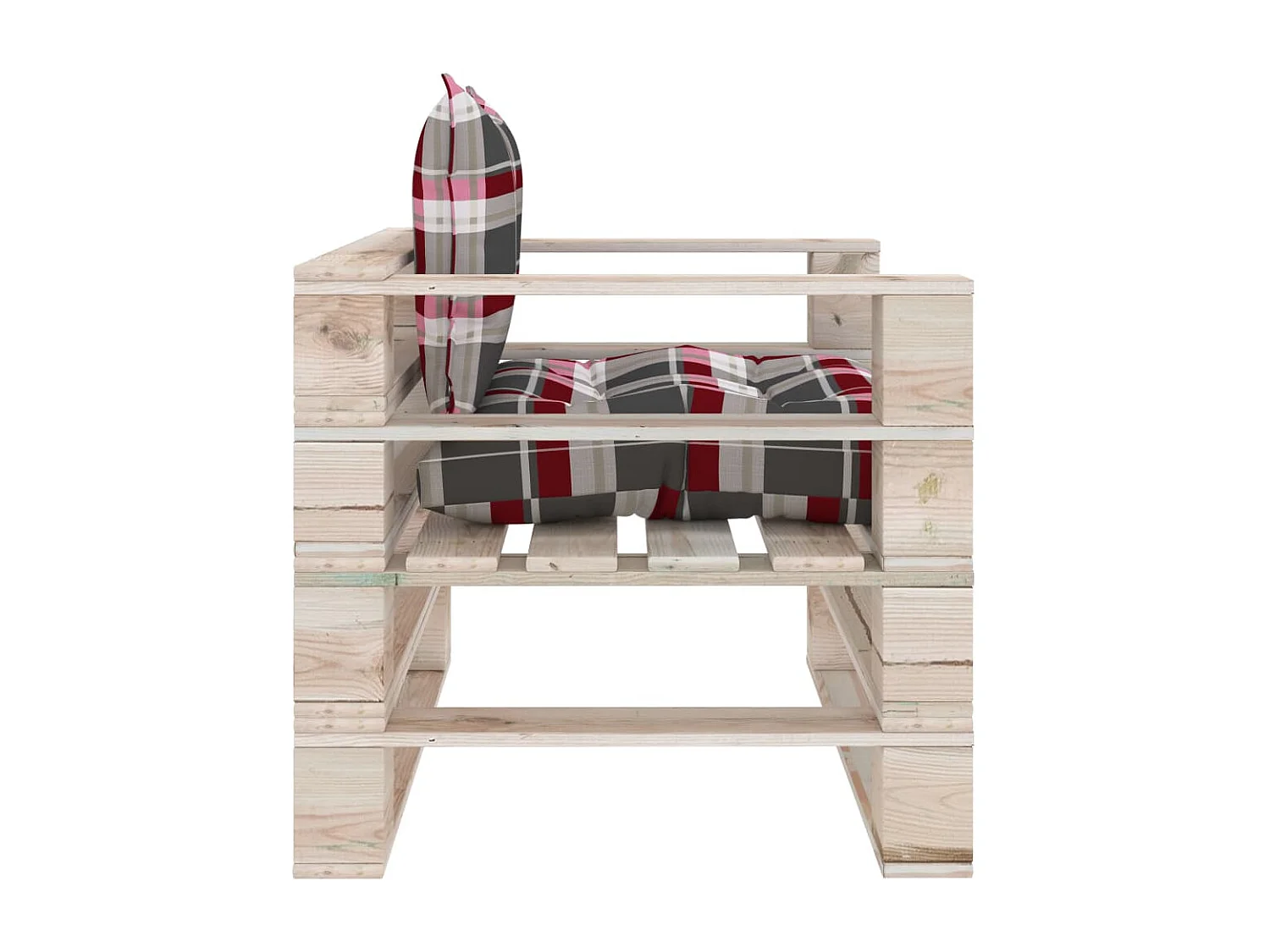 Canapé palette de jardin coussins motif à carreaux rouge pinède