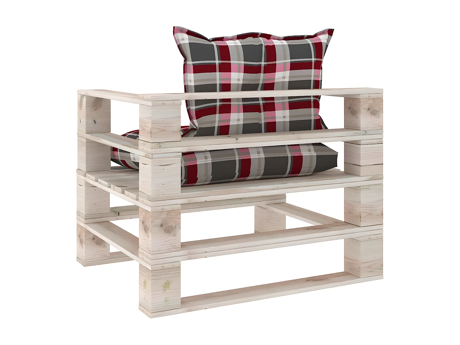 Canapé palette de jardin coussins motif à carreaux rouge pinède