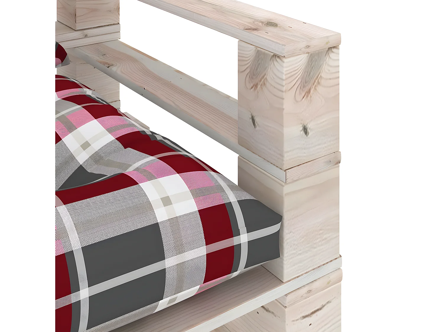 Canapé palette de jardin coussins motif à carreaux rouge pinède