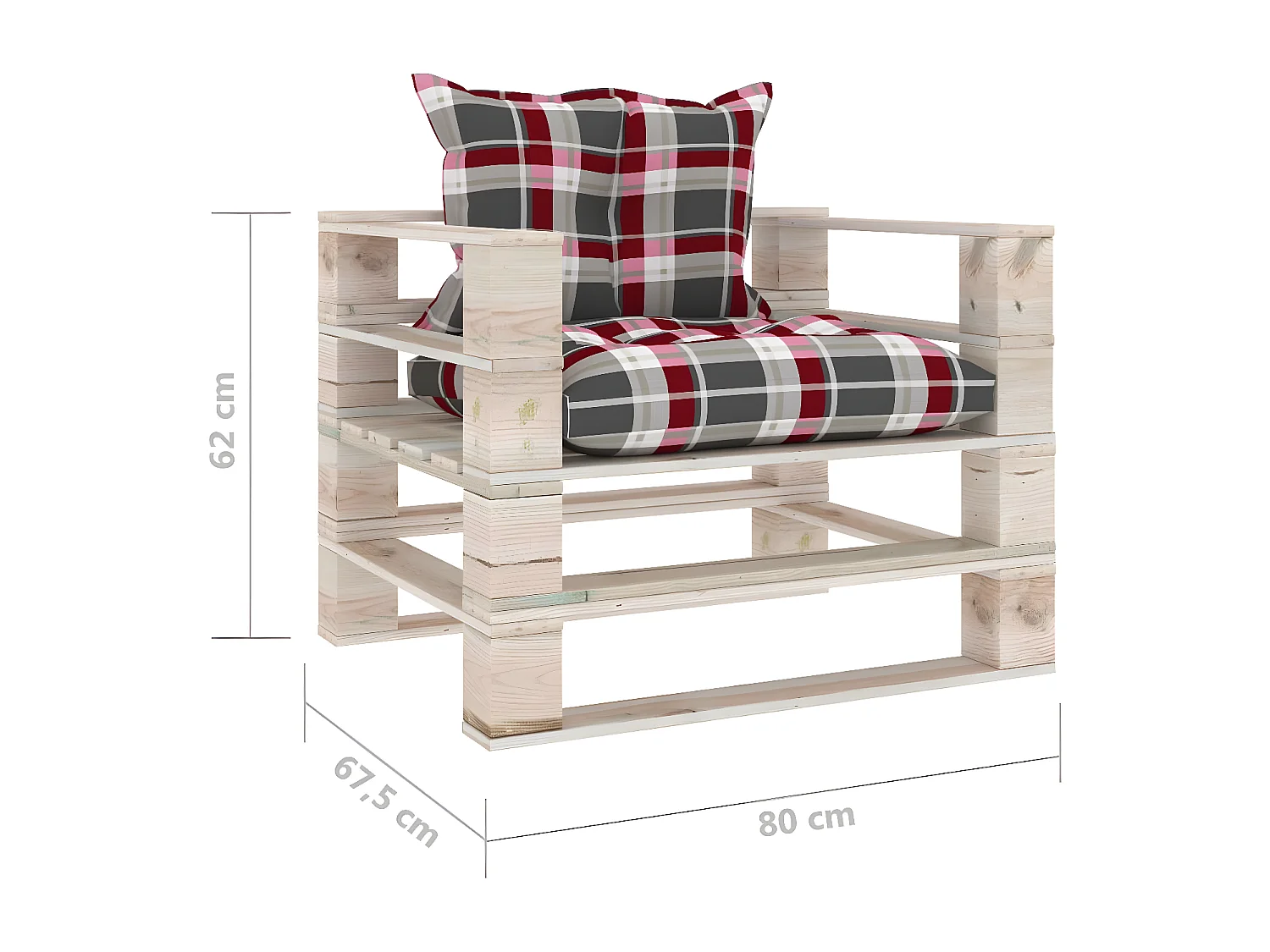 Canapé palette de jardin coussins motif à carreaux rouge pinède