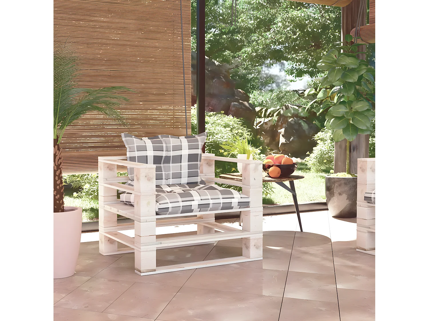 Canapé palette de jardin coussins motif à carreaux gris pinède