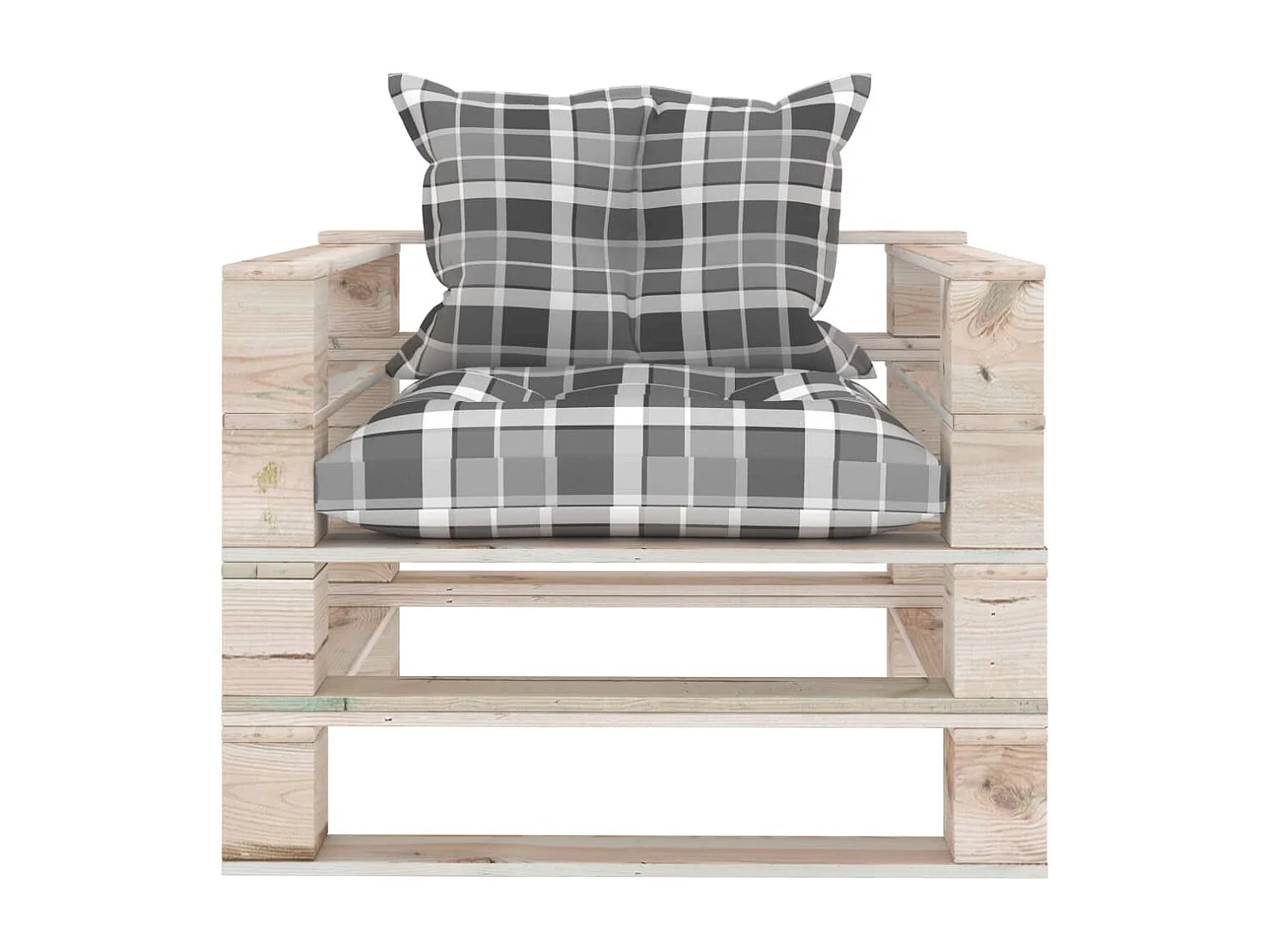 Canapé palette de jardin coussins motif à carreaux gris pinède
