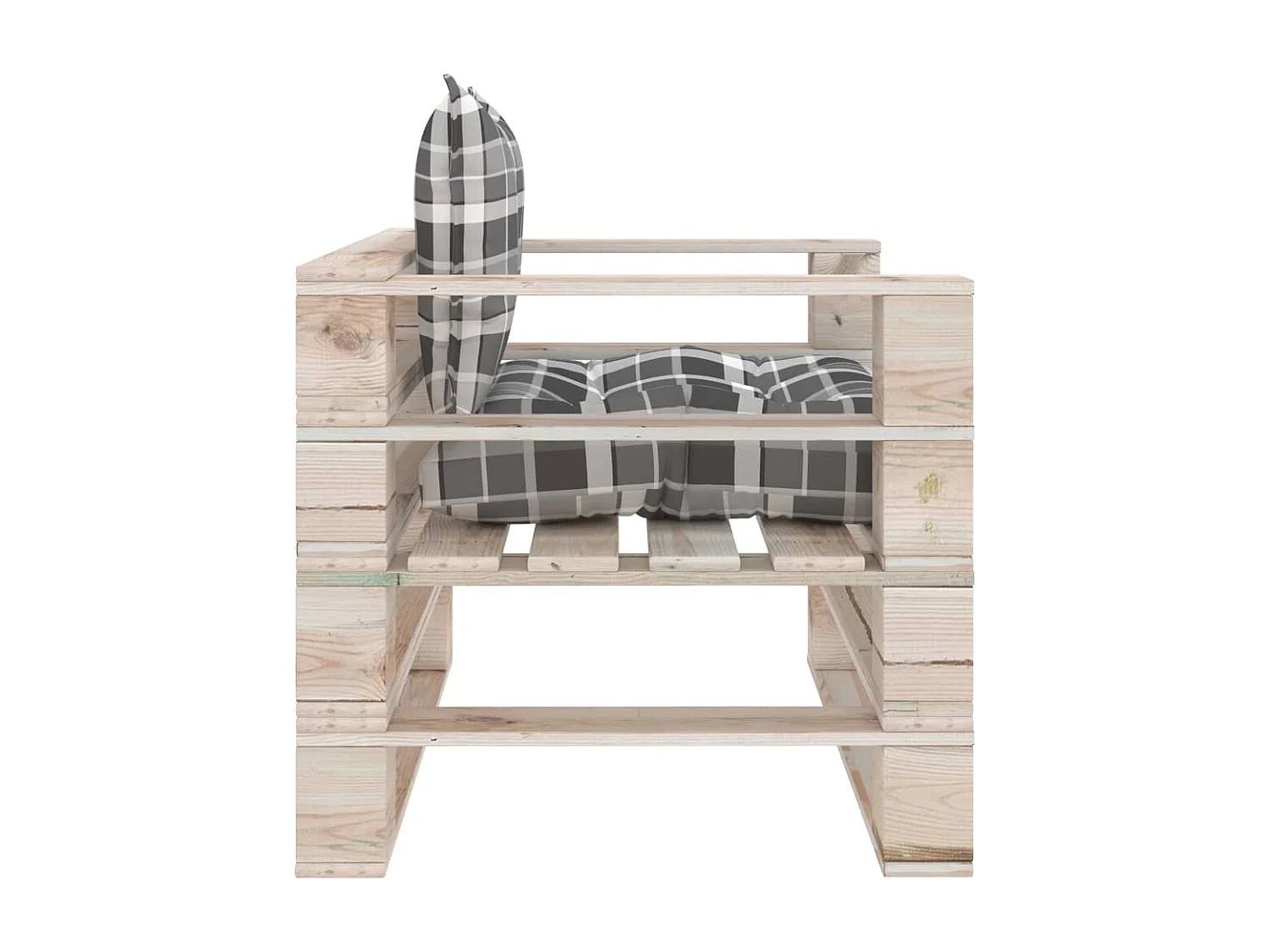 Canapé palette de jardin coussins motif à carreaux gris pinède