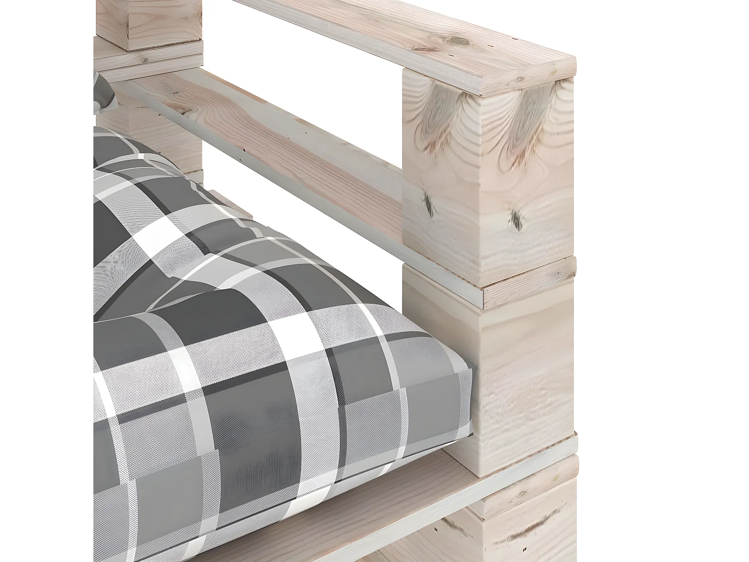 Canapé palette de jardin coussins motif à carreaux gris pinède