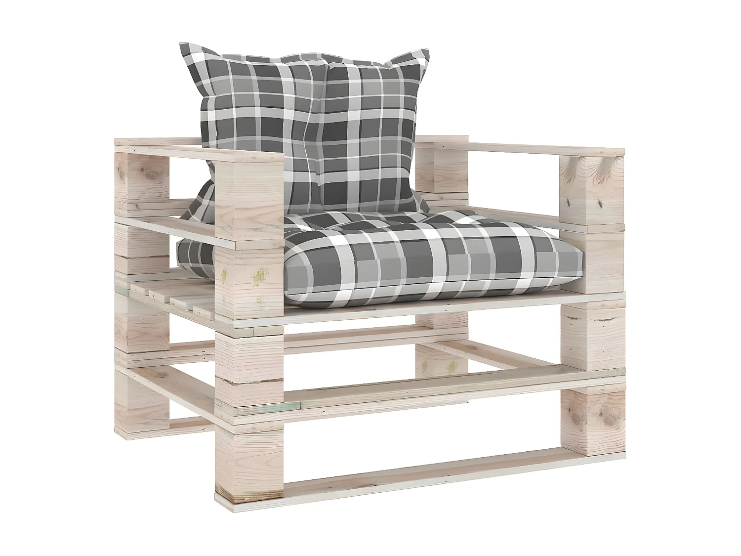 Canapé palette de jardin coussins motif à carreaux gris pinède