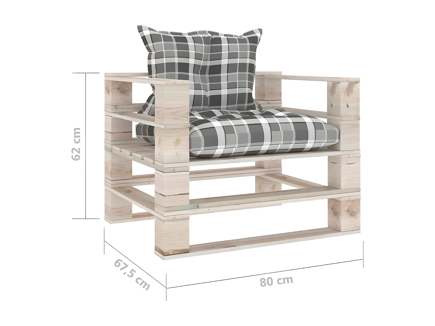 Canapé palette de jardin coussins motif à carreaux gris pinède