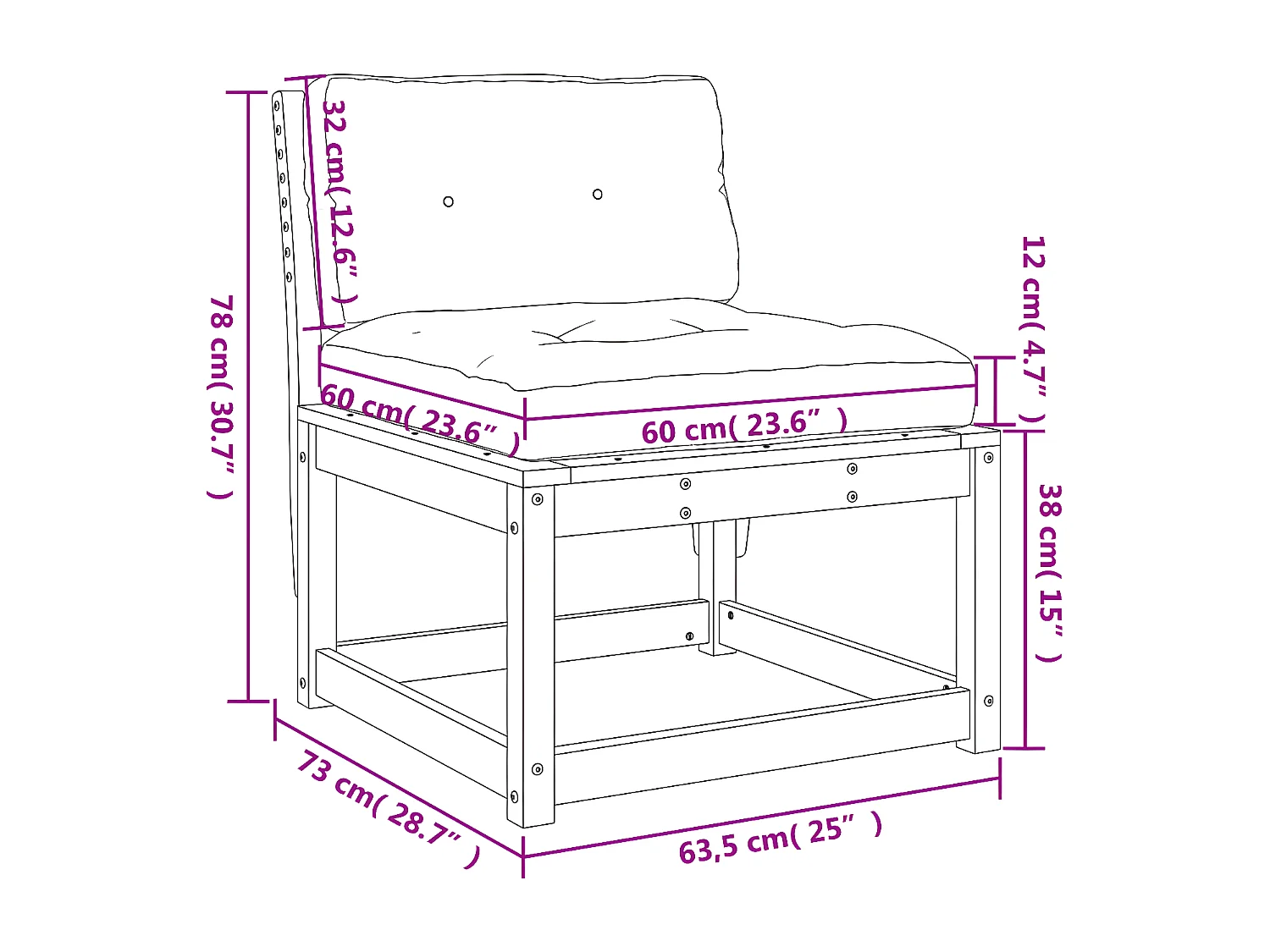 Sofá de jardín con cojines blancos de madera maciza de pino.