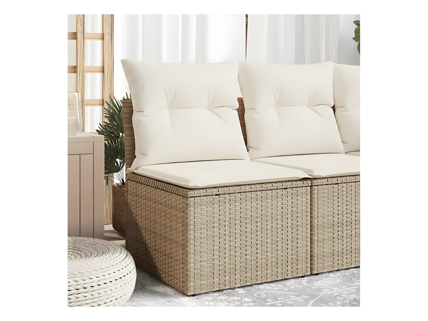 Canapé de jardin sans accoudoirs coussins beige résine tressée