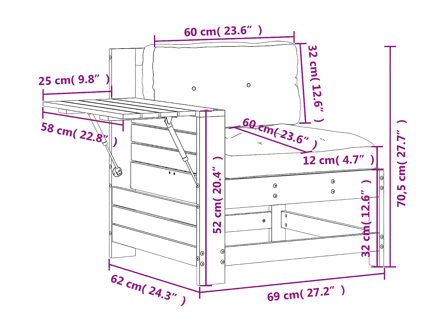 Armlehnen-Gartensofa mit Kissen aus massivem Kiefernholz