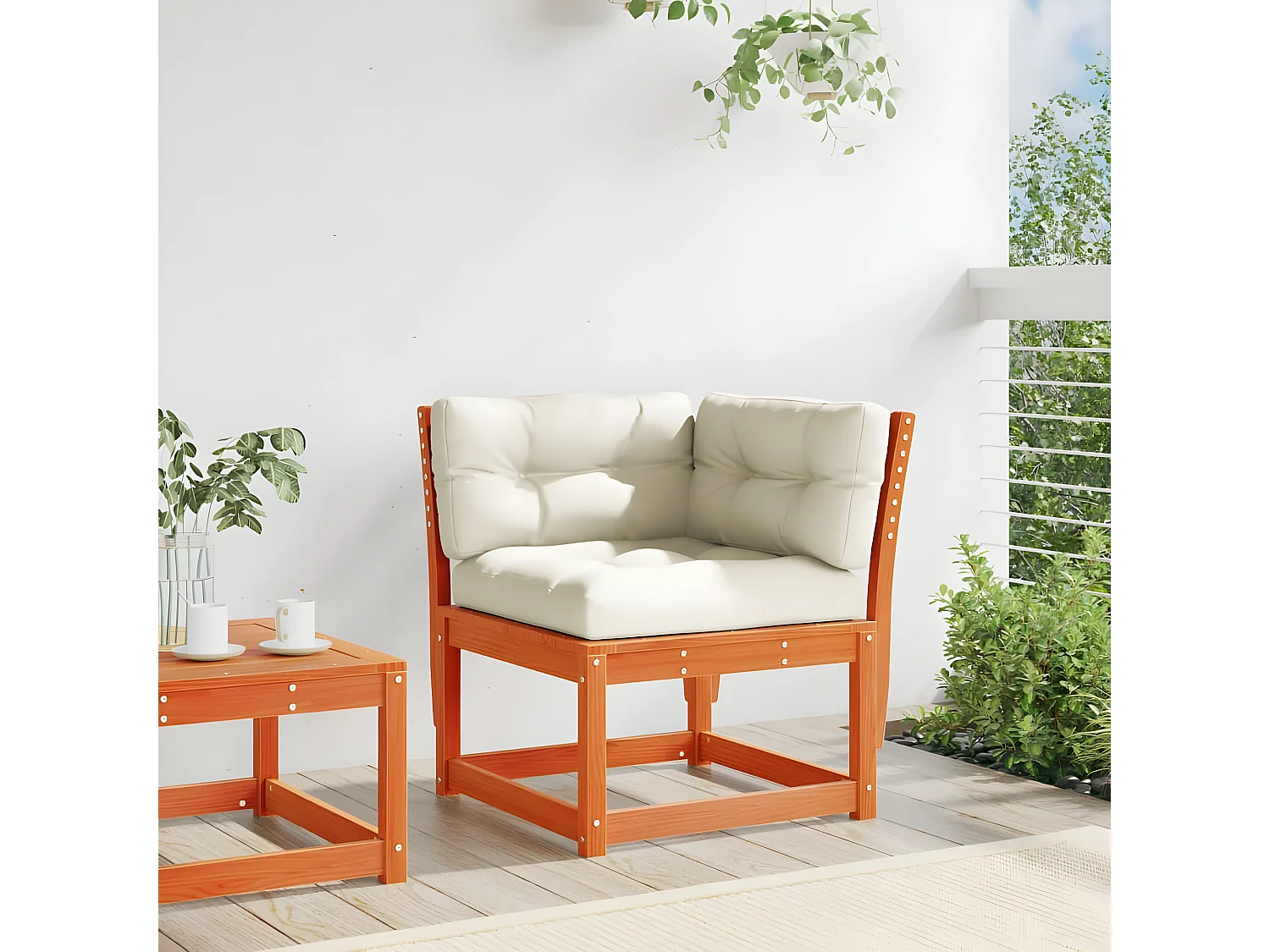 Garten-Ecksofakissen, braunes Wachs, massives Kiefernholz