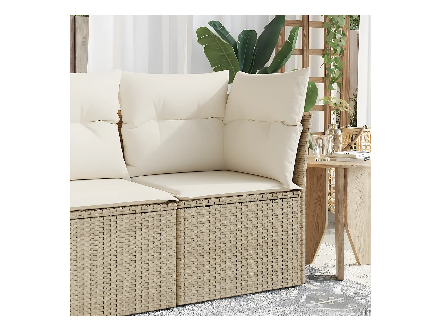 Canapé d'angle de jardin avec coussins beige résine tressée