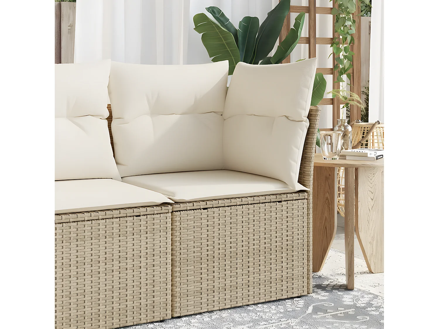 Canapé d'angle de jardin avec coussins beige résine tressée