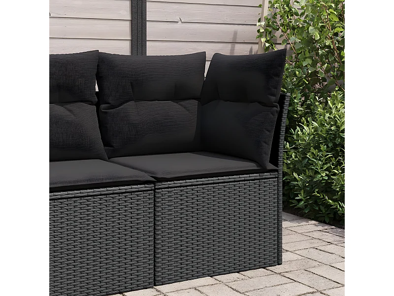 Sofá esquinero de jardín con cojines de resina tejida en negro