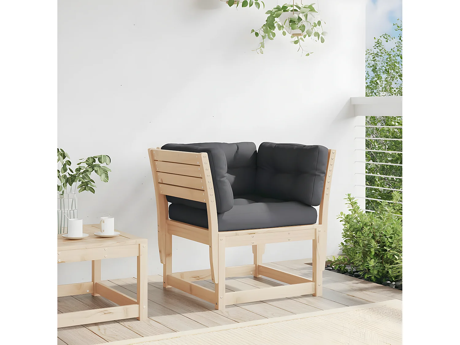 Sofá de jardín con reposabrazos y cojines de madera maciza de pino.