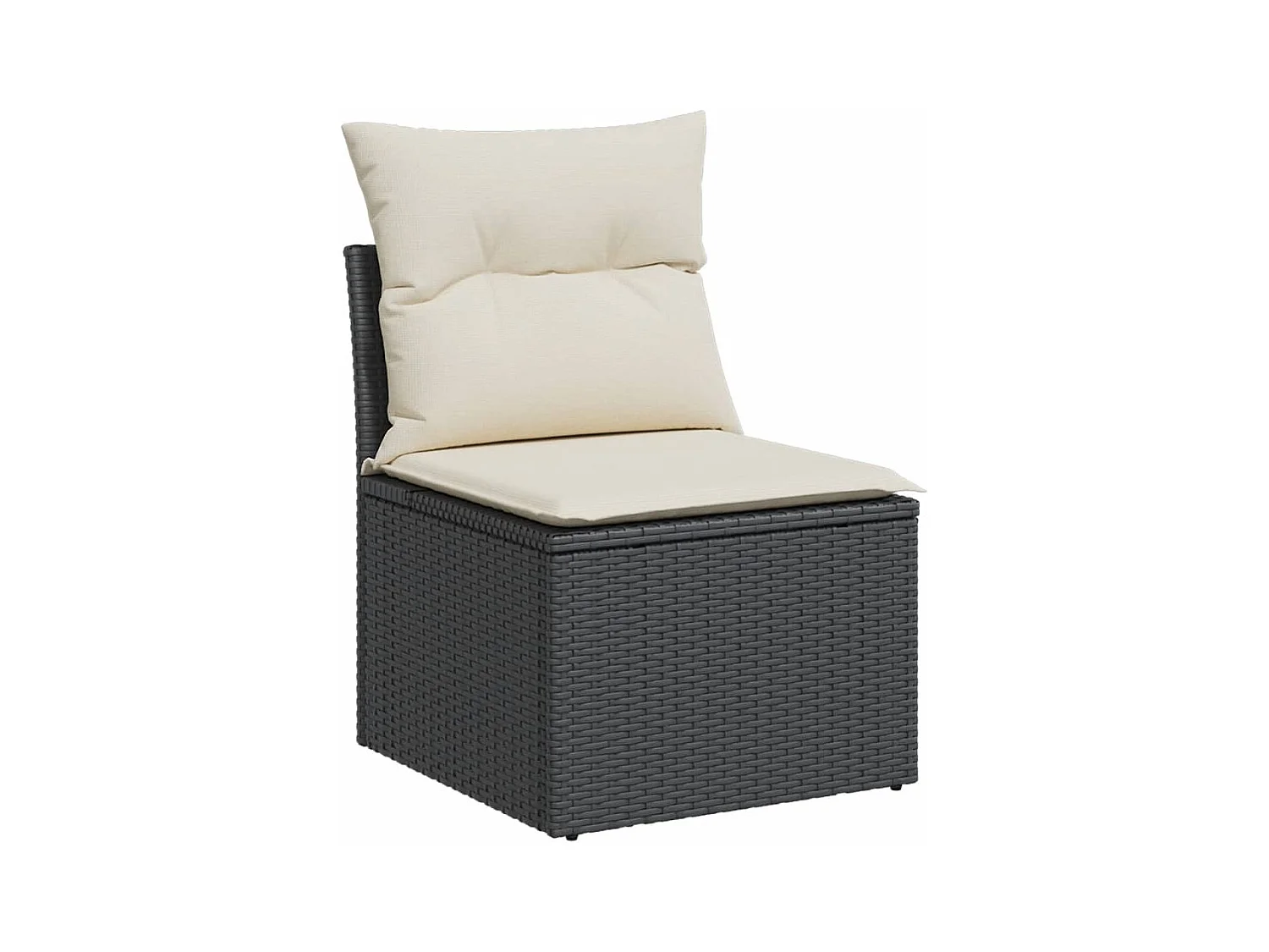 Divano da giardino senza braccioli, cuscini neri in resina intrecciata