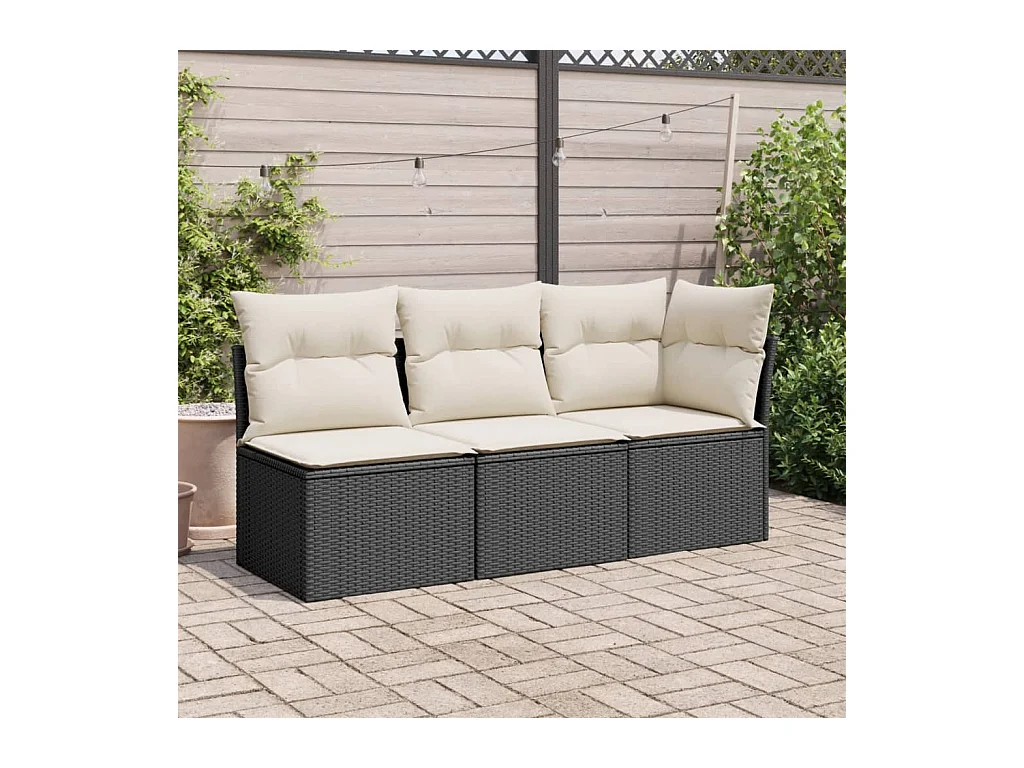 Divano da giardino senza braccioli, cuscini neri in resina intrecciata