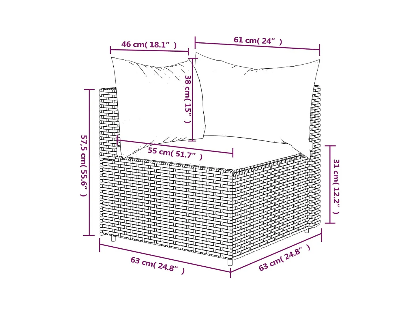 Divano ad angolo da giardino con cuscini in resina intrecciata marrone