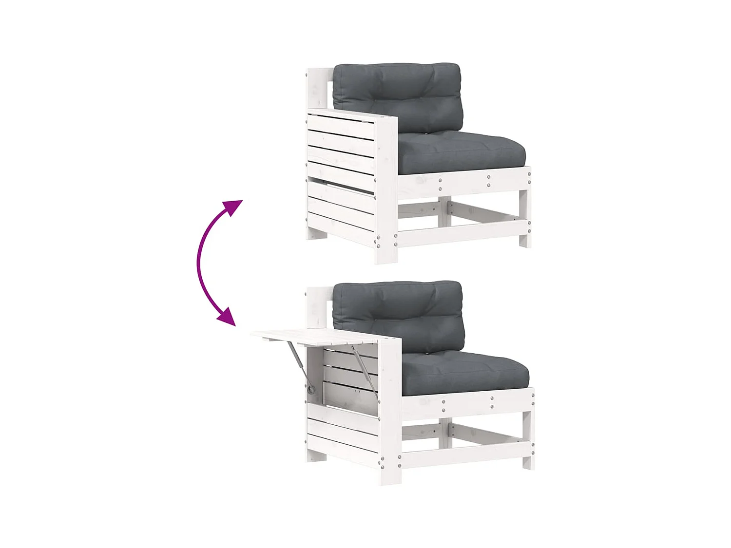 Sofá de jardín con reposabrazos y cojín de madera maciza de pino blanco.