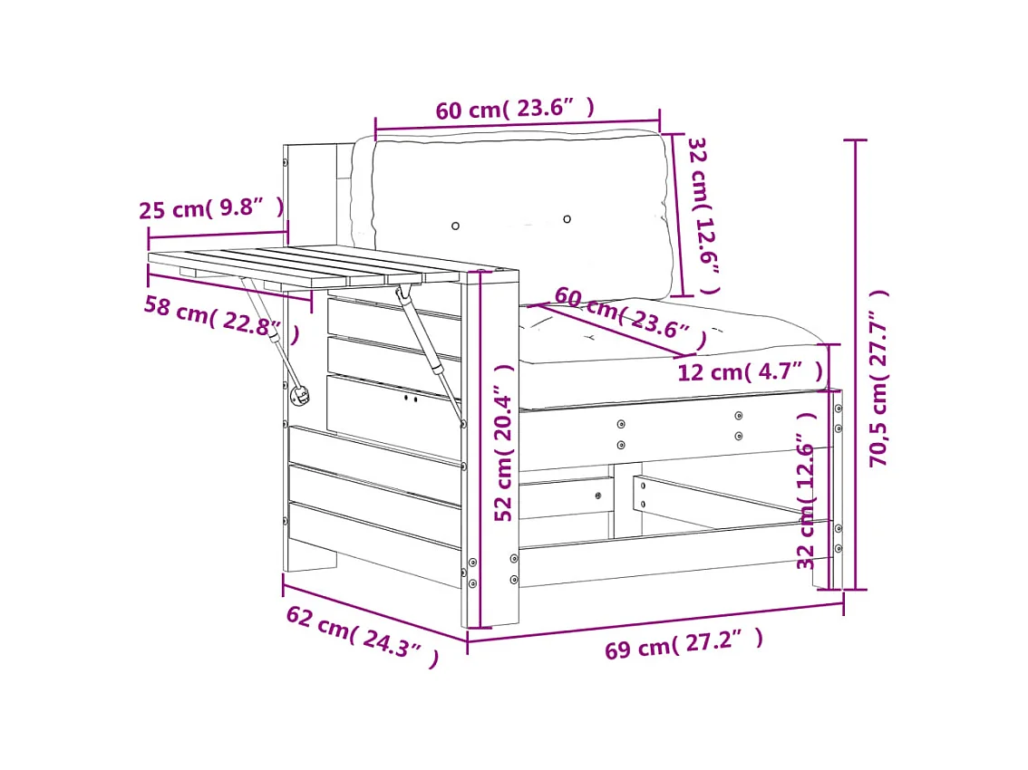 Sofá de jardín con reposabrazos y cojín de madera maciza de pino blanco.