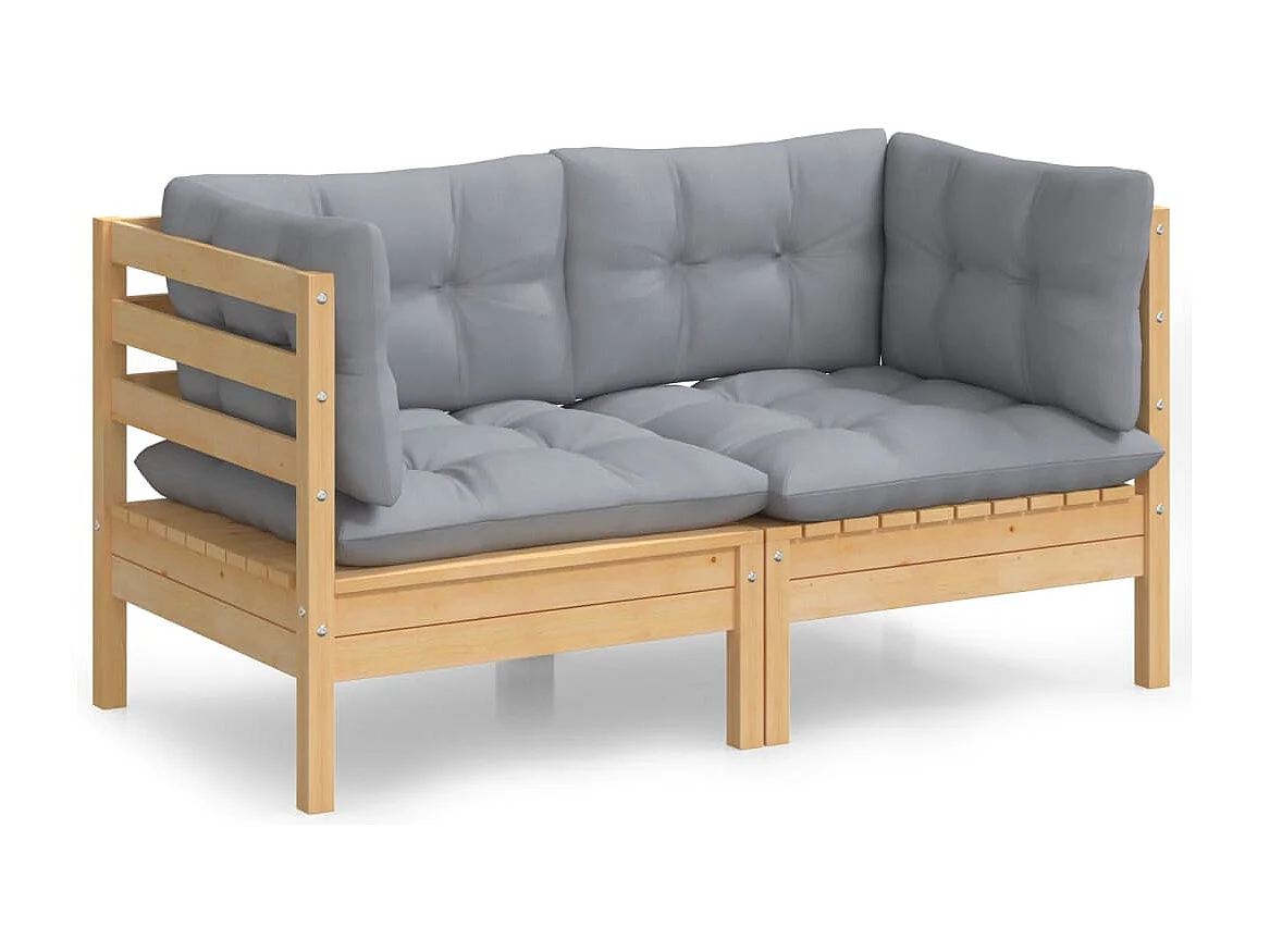 Divano da giardino a 2 posti e cuscini grigi. Legno di pino massiccio