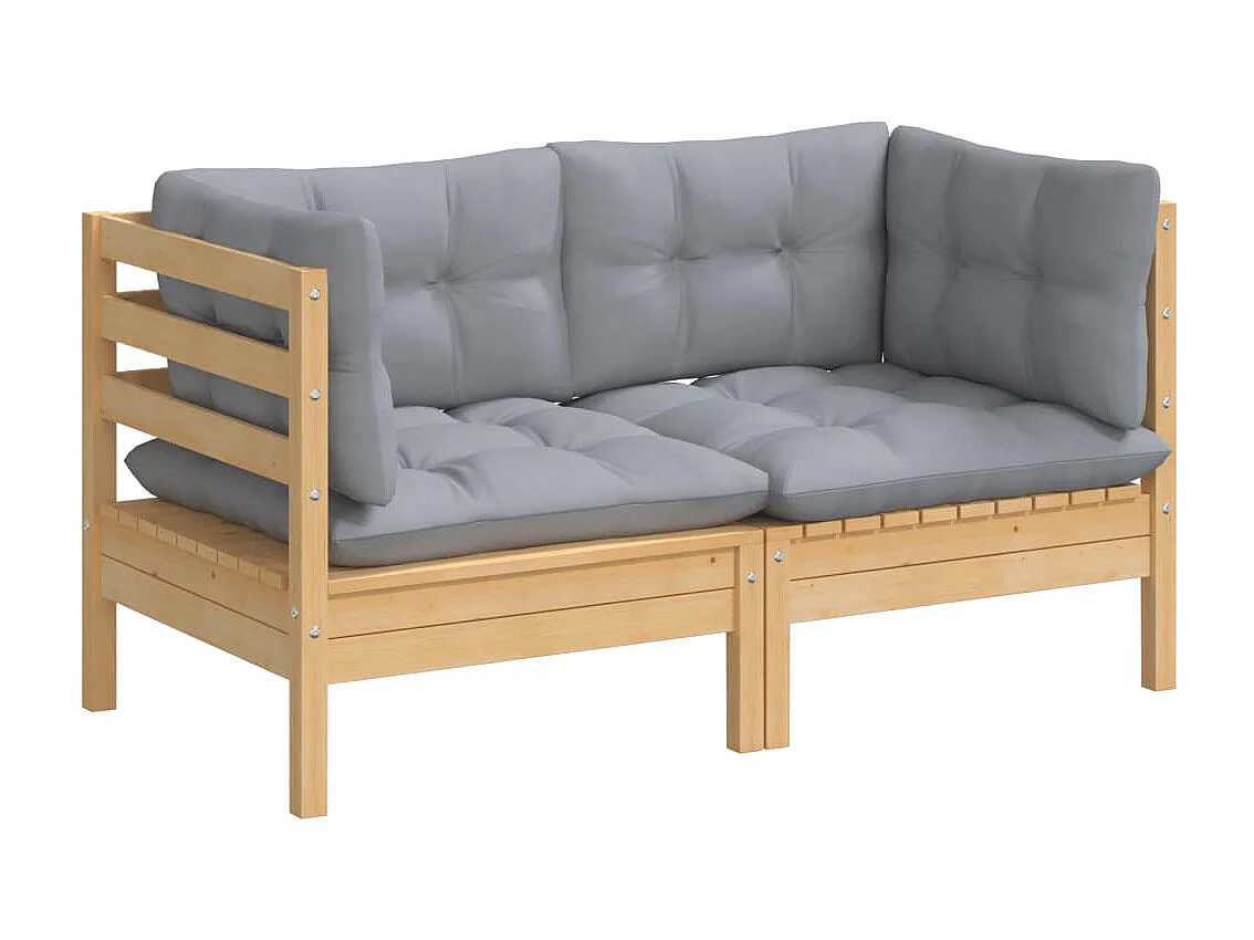 Divano da giardino a 2 posti e cuscini grigi. Legno di pino massiccio